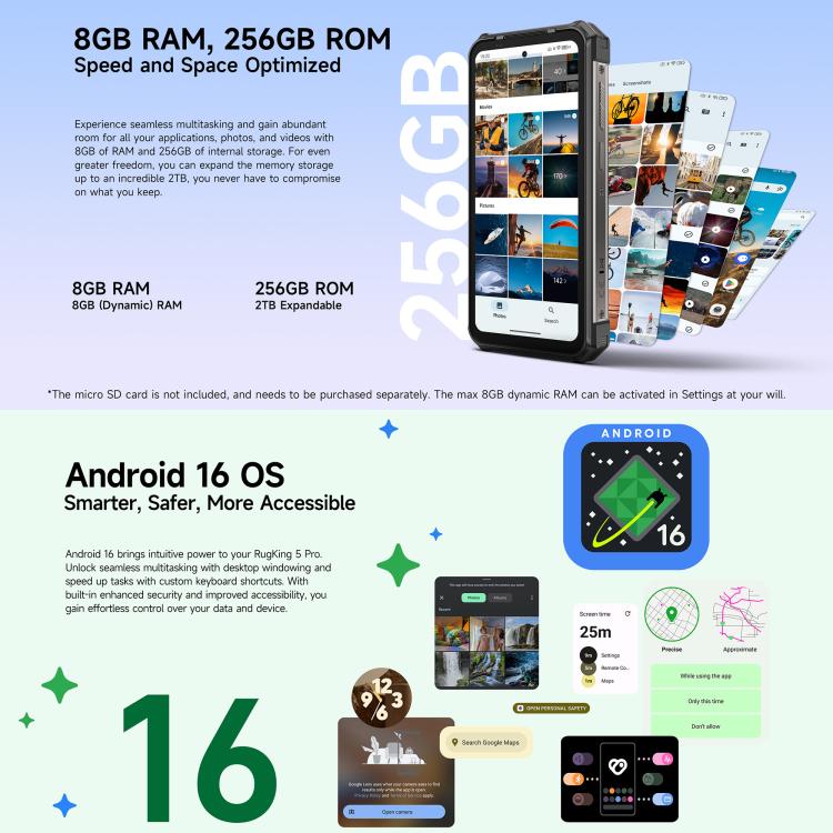 Ulefone RugKing 5 Pro Rugged Phone, Side Fingerprint, 20000mAh Battery, 6.78 inch Android 16 Unisoc T7250 Octa Core, Network: 4G, NFC, OTG, RugKing 5 Pro, 8GB+256GB