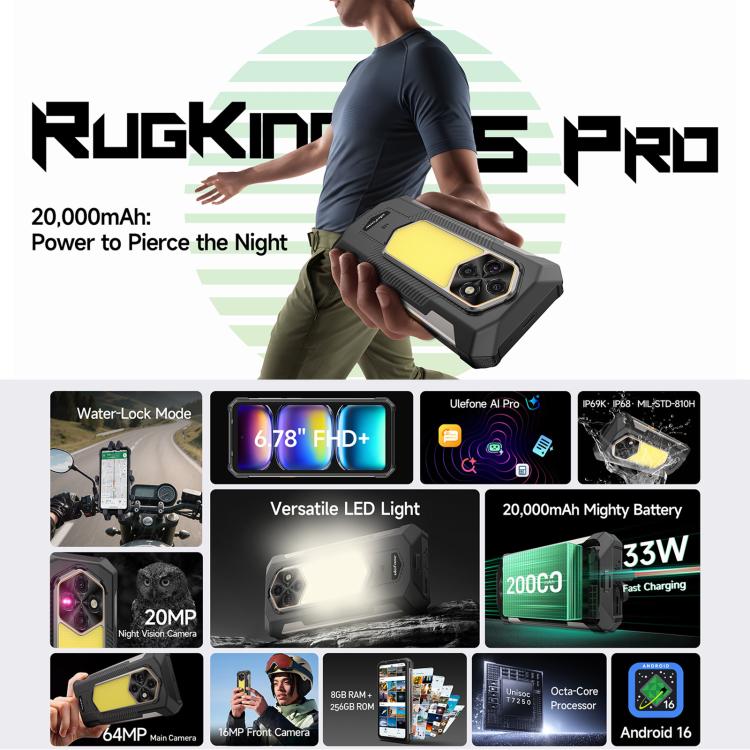 Ulefone RugKing 5 Pro Rugged Phone, Side Fingerprint, 20000mAh Battery, 6.78 inch Android 16 Unisoc T7250 Octa Core, Network: 4G, NFC, OTG, RugKing 5 Pro, 8GB+256GB