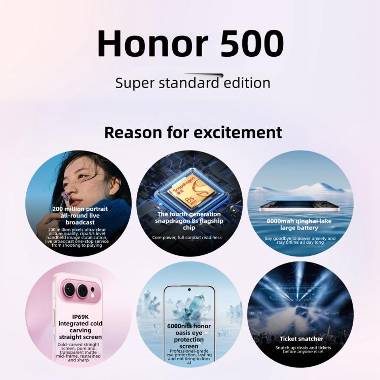 Honor 500, 12GB+256GB, Screen Fingerprint, 6.55 inch MagicOS 10.0 / Android 16 Snapdragon 8s Gen 4 Octa Core, Network: 5G, NFC, OTG, Honor 500, 12GB+256GB