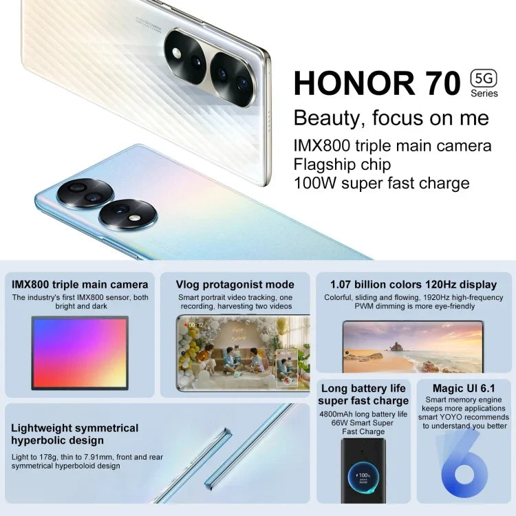 Triple Back Cameras, Screen Fingerprint Identification,  6.67 inch Magic UI 6.1 Qualcomm Snapdragon 778G Plus Octa Core up to 2.5GHz, Network: 5G, OTG, NFC, Not Support Google Play, Honor 70 5G 12GB+512GB