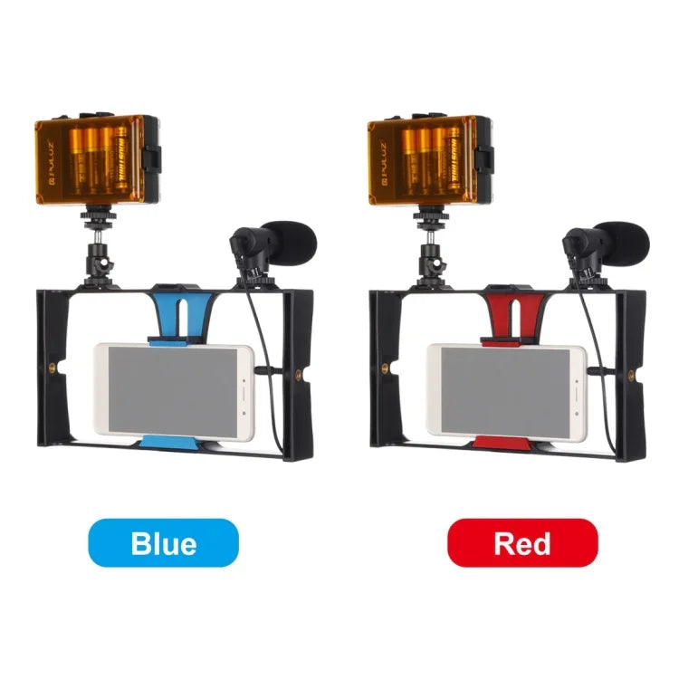 PULUZ 3 in 1 Vlogging Live Broadcast LED Selfie Light Smartphone Video Rig Kits with Microphone + Cold Shoe Tripod Head for iPhone, Galaxy, Huawei, Xiaomi, HTC, LG, Google, and Other Smartphones, 3-in-1, 3-in-1(Red), 3-in-1(US)