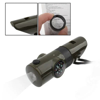 7 in 1 (Survival Whistle / Compass / Thermometer / LED Light / Magnifier / Retroreflector / String), 7 in 1  Survival Whistle