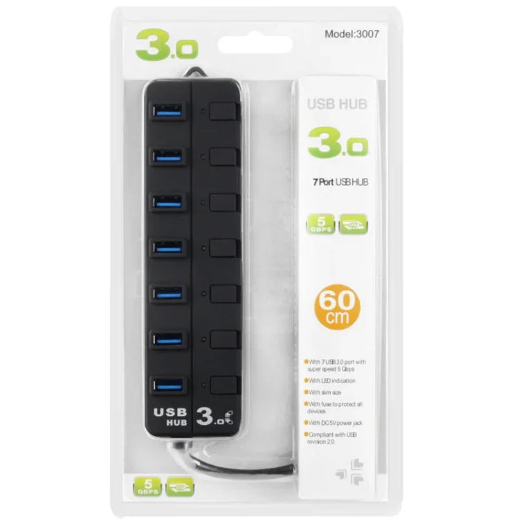 7 Ports USB 3.0 Hub with Individual Switches for each Data Transfer Ports, 7 Ports (Black)