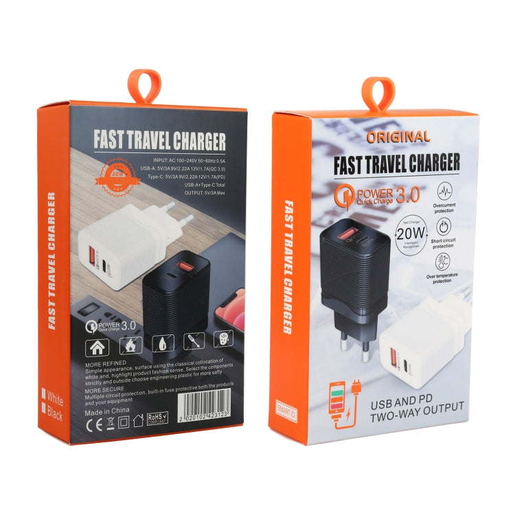 LZ-728 QC 3.0 USB + PD 20W USB-C / Type-C Fast Travel Charger, EU Plug, EU Plug