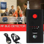 Mini wireless camera detector shown with accessories and features for finding hidden cameras and RF bugs.