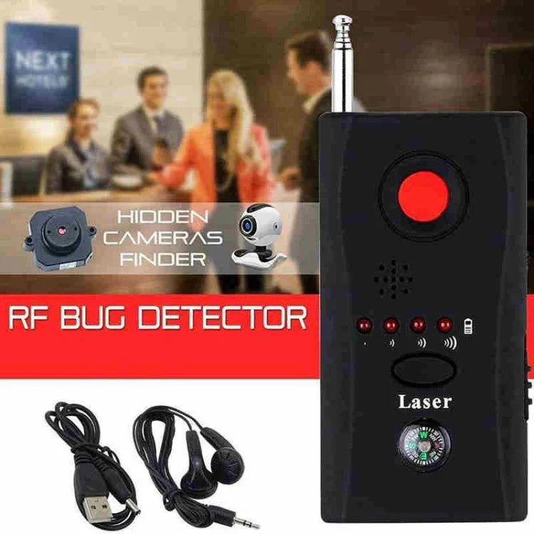 Mini wireless camera detector shown with accessories and features for finding hidden cameras and RF bugs.