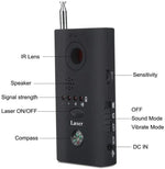 Mini wireless camera detector showing features like IR lens, signal strength, and sensitivity settings.