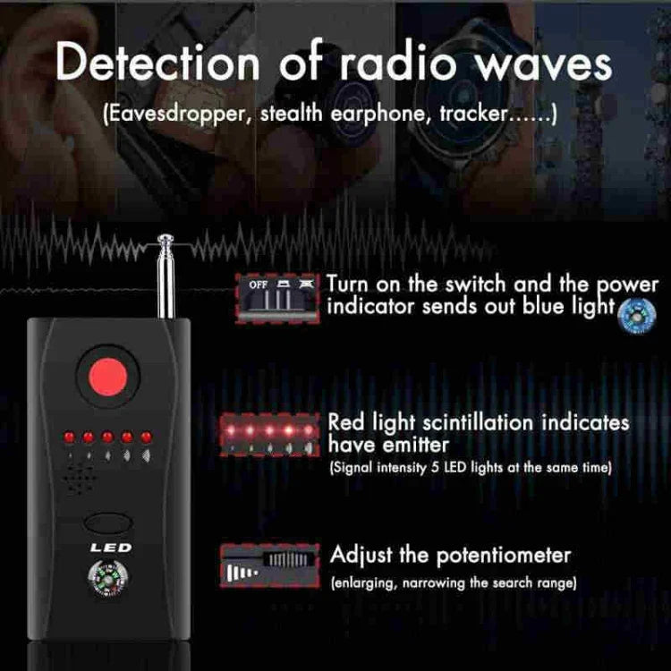 Image showing mini wireless camera detector with features for detecting radio waves and eavesdropping devices.