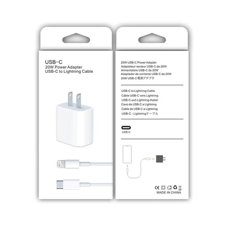 2 in 1 PD 20W Single USB-C / Type-C Port Travel Charger + 3A PD3.0 USB-C / Type-C to 8 Pin Fast Charge Data Cable Set, Cable Length: 1m, US Plug, 20W 1m