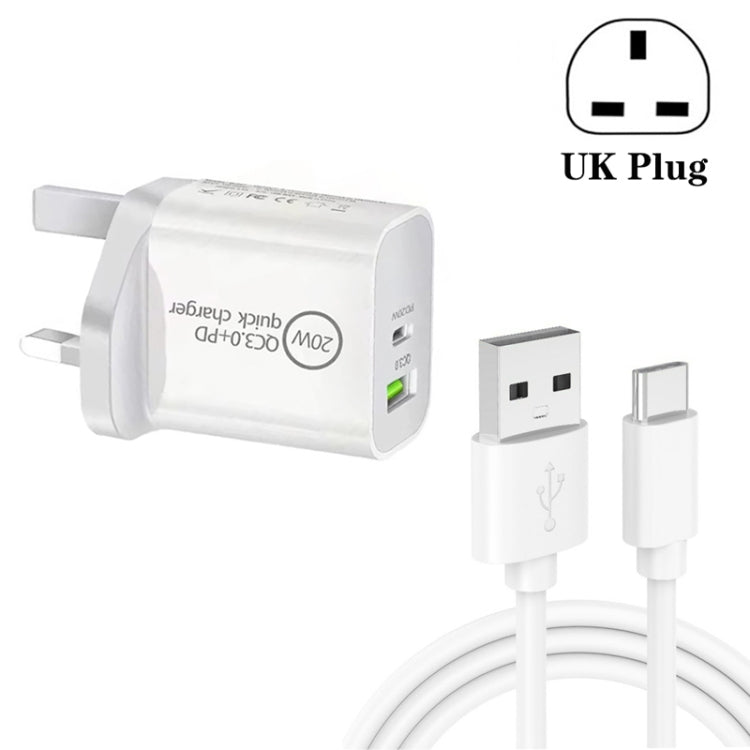 SDC-20WA+C 20W PD 3.0 + QC 3.0 USB Dual Fast Charging Universal Travel Charger with USB to Type-C / USB-C Fast Charging Data Cable, UK Plug, USB to Type-C / USB-C (UK Plug)