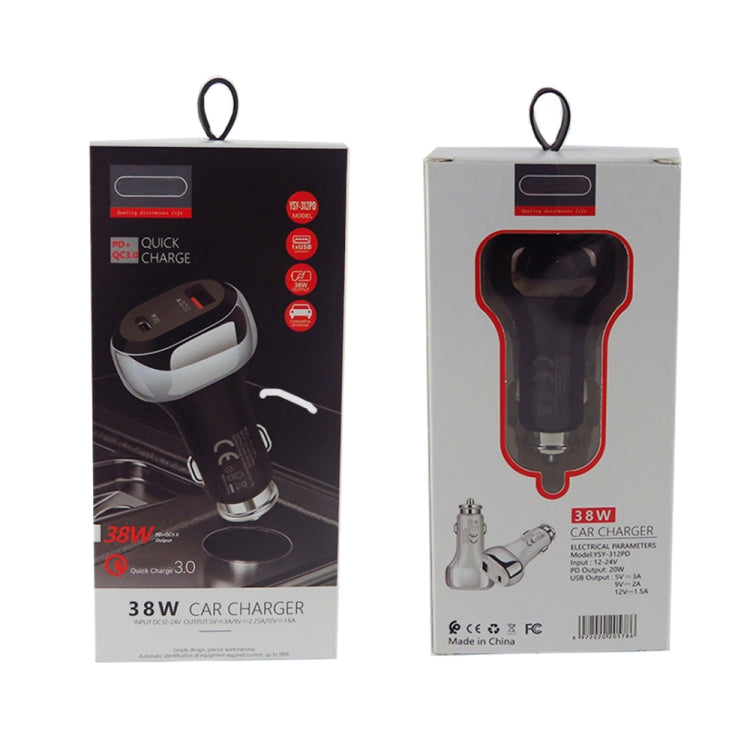 YSY-312PD QC3.0 18W USB + PD 20W USB-C / Type-C Car Charger with USB to USB-C / Type-C Data Cable, PD 20W with USB-C / Type-C Cable