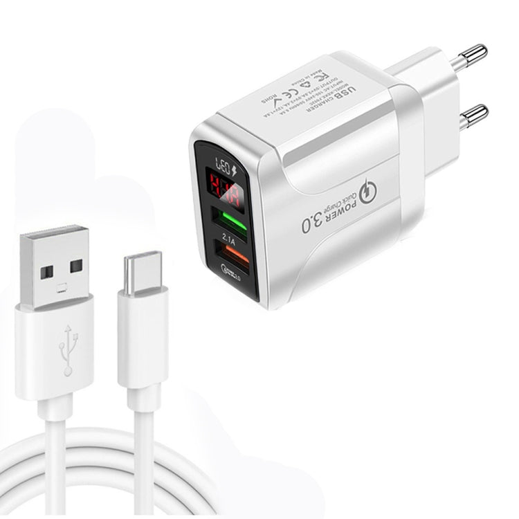 F002C QC3.0 USB + USB 2.0 LED Digital Display Fast Charger with USB to Type-C Data Cable, EU Plug, EU Plug +  Type-C Cable