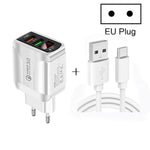 F002C QC3.0 USB + USB 2.0 LED Digital Display Fast Charger with USB to Type-C Data Cable, EU Plug, EU Plug +  Type-C Cable