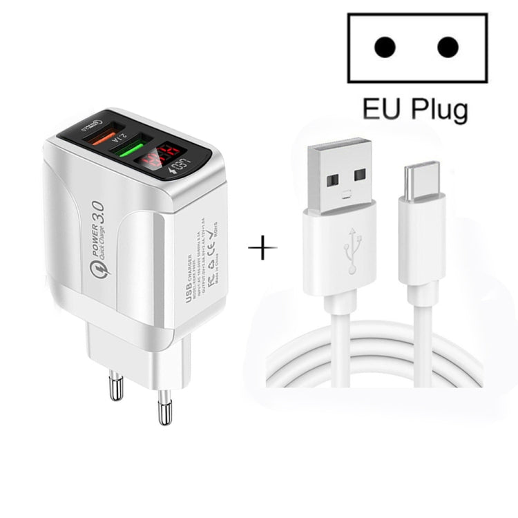 F002C QC3.0 USB + USB 2.0 LED Digital Display Fast Charger with USB to Type-C Data Cable, EU Plug, EU Plug +  Type-C Cable
