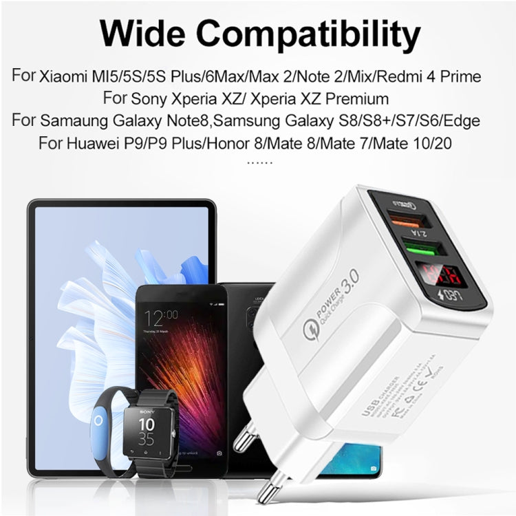 F002C QC3.0 USB + USB 2.0 LED Digital Display Fast Charger with USB to Type-C Data Cable, EU Plug, EU Plug +  Type-C Cable
