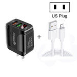 F002C QC3.0 USB + USB 2.0 LED Digital Display Fast Charger with USB to 8 Pin Data Cable, US Plug, US Plug +  8 Pin Cable