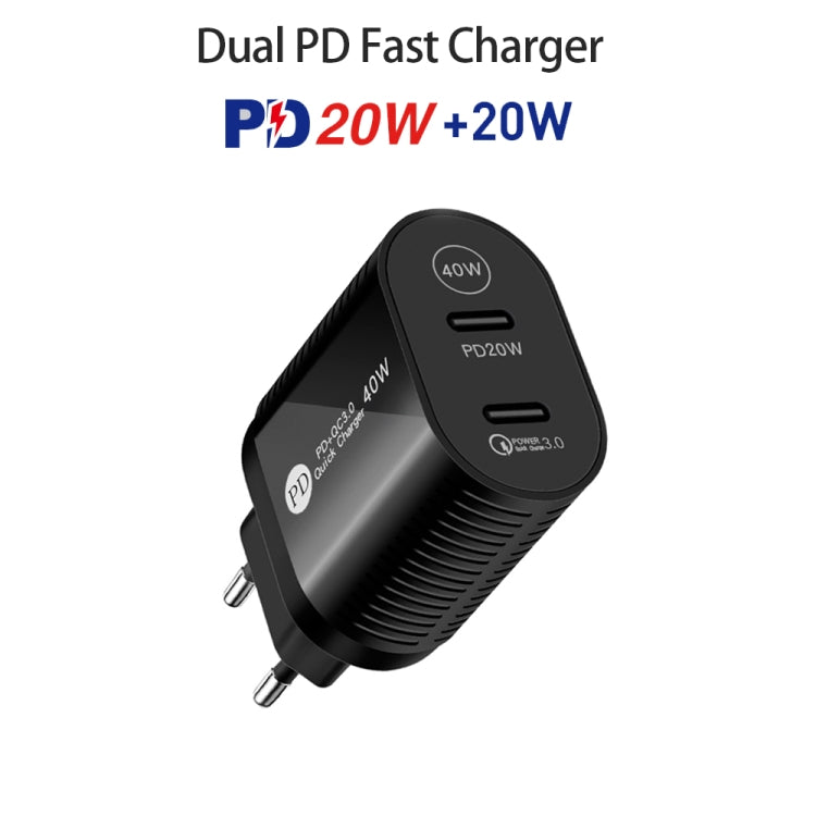 40W Dual Port PD / Type-C Fast Charger with Type-C to 8 Pin Data Cable, EU Plug, EU Plug + Type-C to 8 Pin Cable