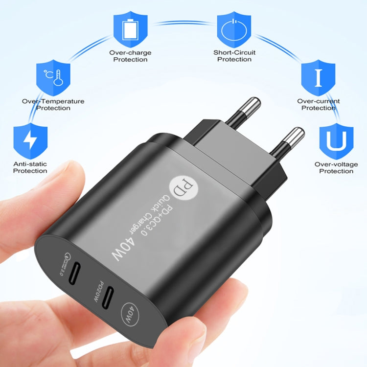 002 40W PD3.0 Dual Port USB-C / Type-C Charger with Type-C to Type-C Data Cable, EU Plug, EU Plug + Type-C to Type-C Cable