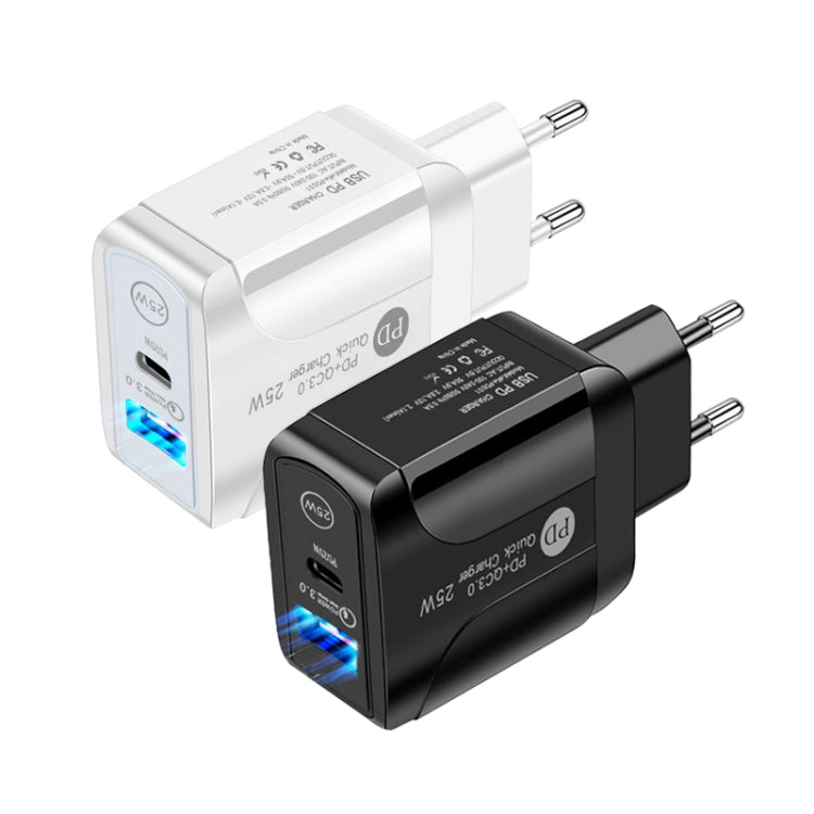 PD25W USB-C / Type-C + QC3.0 USB Dual Ports Fast Charger, EU Plug, EU Plug