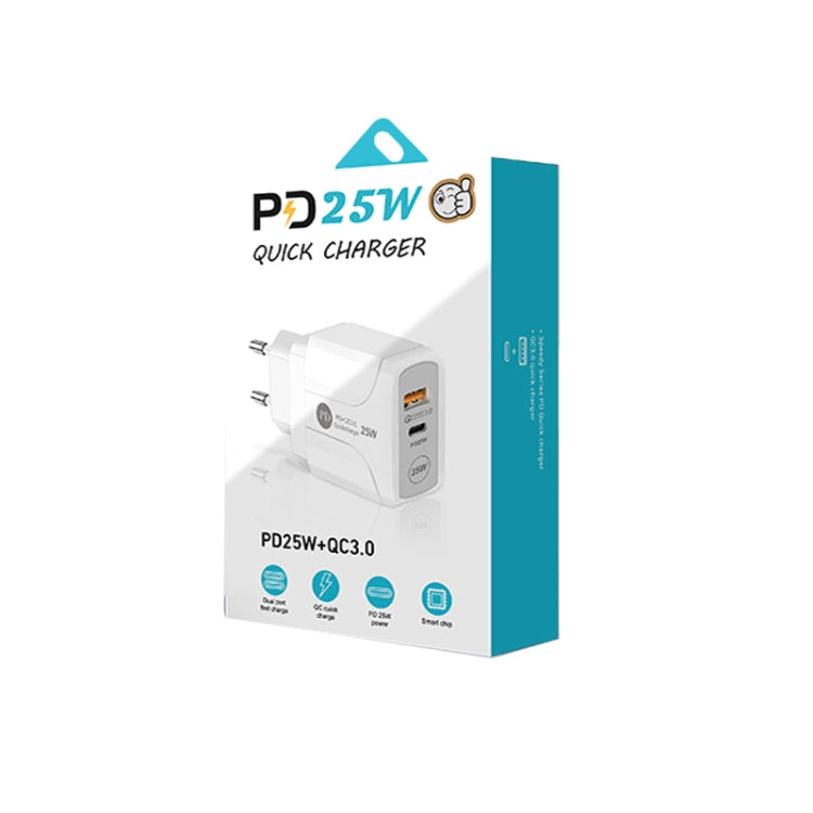 PD25W USB-C / Type-C + QC3.0 USB Dual Ports Fast Charger, EU Plug, EU Plug