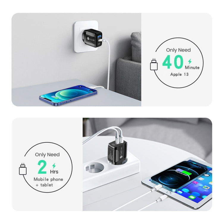 PD25W USB-C / Type-C + QC3.0 USB Dual Ports Fast Charger with USB to 8 Pin Data Cable, US Plug, US Plug + USB to 8 Pin Cable