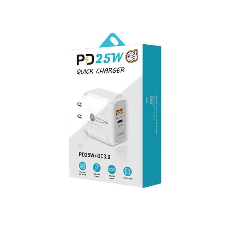 PD25W USB-C / Type-C + QC3.0 USB Dual Ports Fast Charger with USB to 8 Pin Data Cable, US Plug, US Plug + USB to 8 Pin Cable