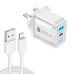 PD25W USB-C / Type-C + QC3.0 USB Dual Ports Fast Charger with USB to 8 Pin Data Cable, UK Plug, UK Plug + USB to 8 Pin Cable