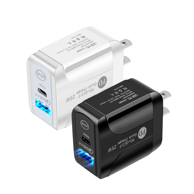 PD25W USB-C / Type-C + QC3.0 USB Dual Ports Fast Charger with USB-C to USB-C Data Cable, US Plug, US Plug + USB-C to USB-C Cable
