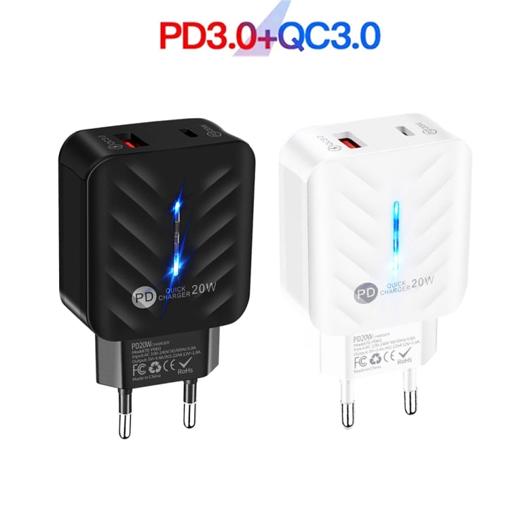 PD03 20W PD3.0 + QC3.0 USB Charger with USB to 8 Pin Data Cable, EU Plug, EU Plug + USB to 8 Pin Cable