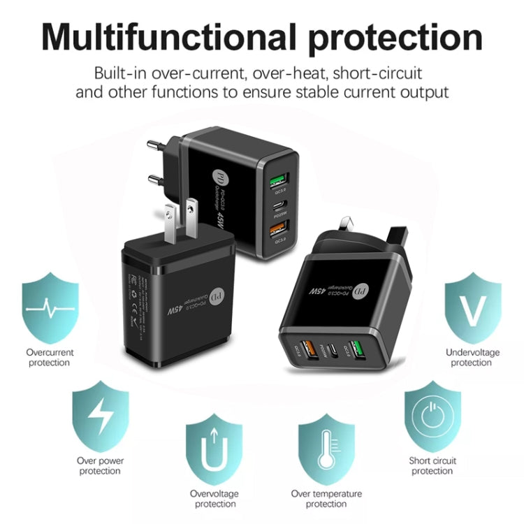 45W PD3.0 + 2 x QC3.0 USB Multi Port Quick Charger, EU Plug, EU Plug