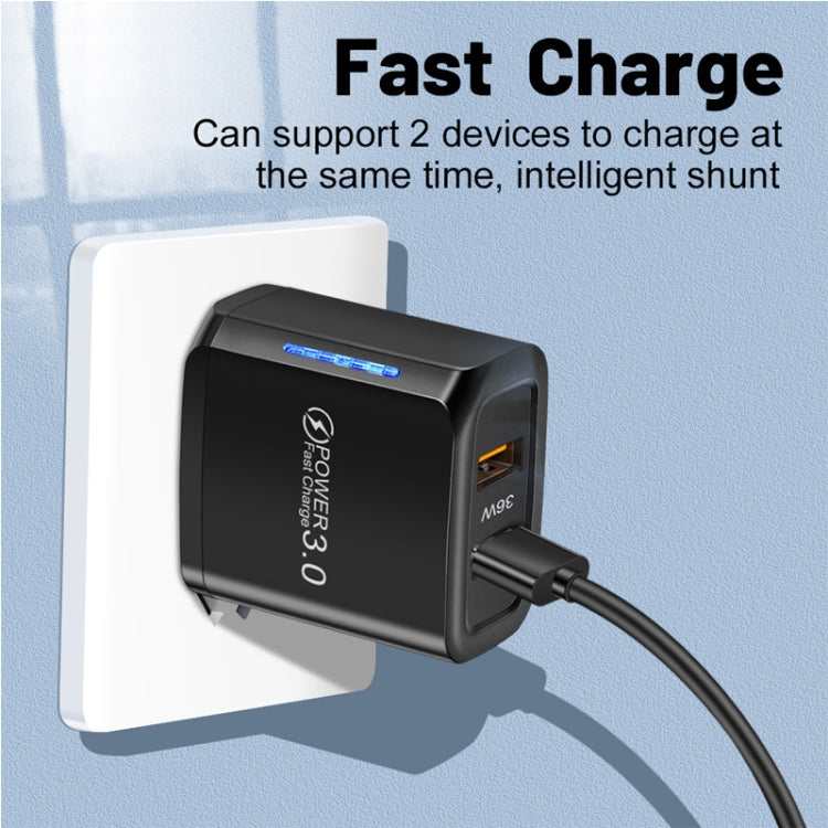 36W Dual Port QC3.0 USB Charger with 3A USB to Type-C Data Cable , EU Plug, EU Plug + USB to Type-C Cable