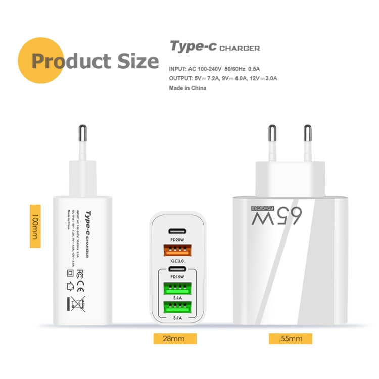 65W Dual PD Type-C + 3 x USB Multi Port Charger for Phone and Tablet PC, UK Plug, UK Plug