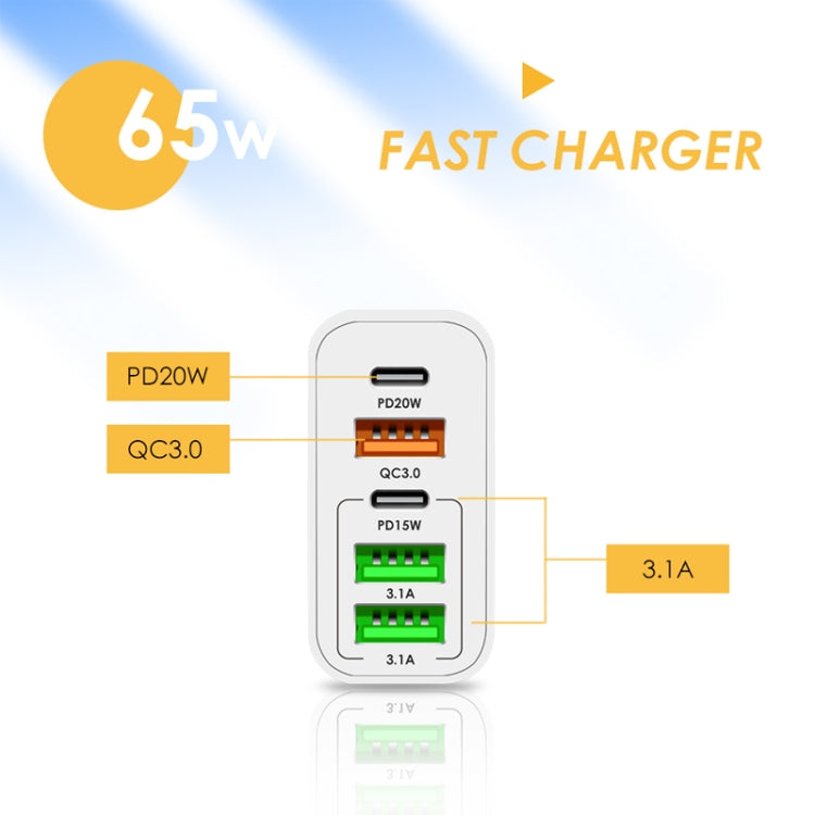 65W Dual PD Type-C + 3 x USB Multi Port Charger with 3A Type-C to 8 Pin Data Cable, US Plug, US Plug + Type-C to 8 Pin Cable