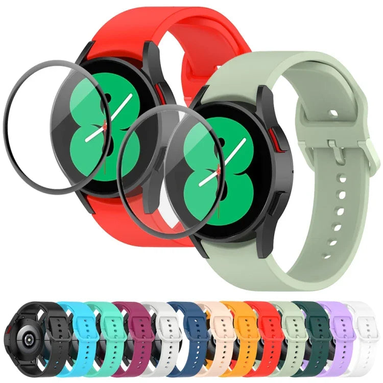 JUNSUNMAY Silicone Adjustable Strap + Full Coverage PMMA Screen Protector Kit, For Samsung Galaxy Watch5 40mm, For Samsung Galaxy Watch4 44mm, For Samsung Galaxy Watch4 40mm