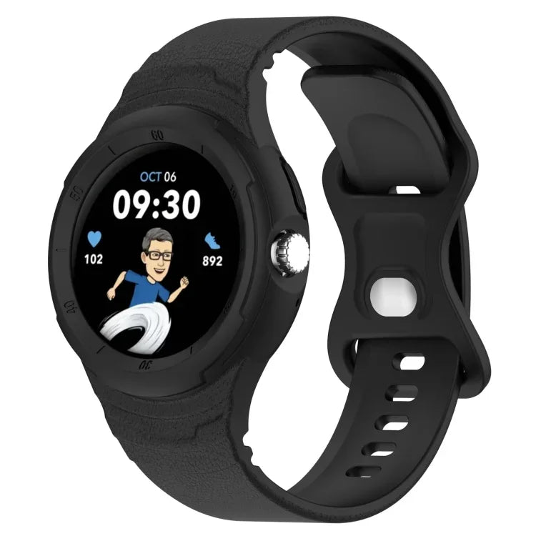 Leather texture silicone watch band shown on a Google Pixel Watch 2 with digital display and animated character.