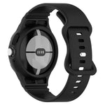 Leather texture silicone watch band attached to a black smartwatch, showcasing its durable and comfortable design.