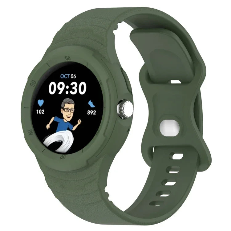 Leather texture silicone watch band on Smartwatch display, showcasing time and fitness stats.