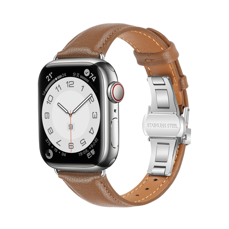 Plain Leather Butterfly Buckle Watch Band, For Apple Watch Series 9 41mm, For Apple Watch Ultra 49mm, For Apple Watch Series 8 41mm, For Apple Watch Series 8 45mm