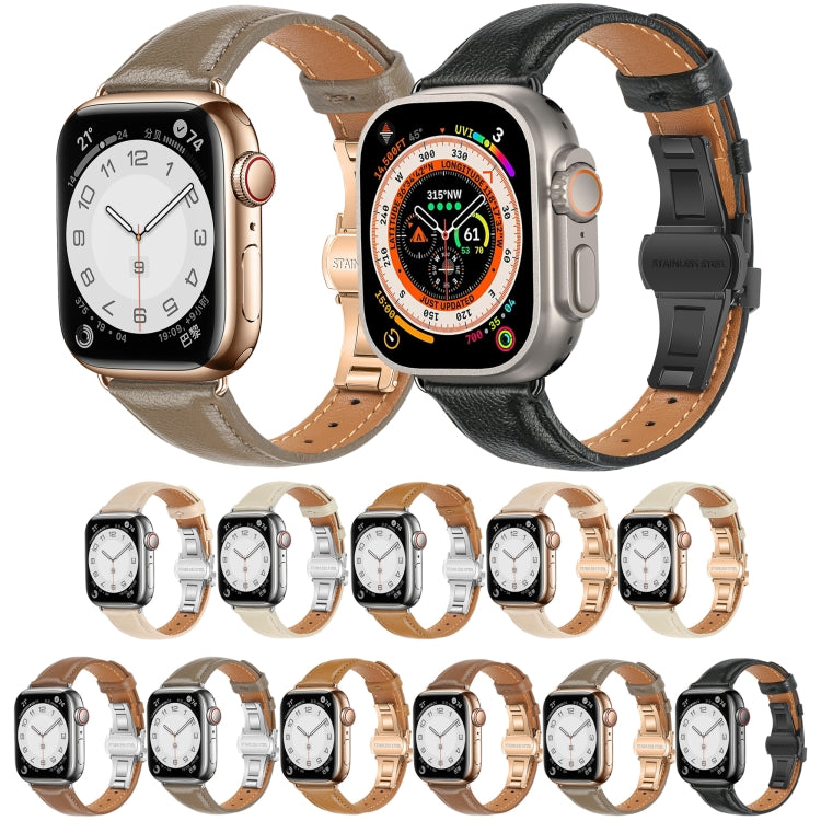 Plain Leather Butterfly Buckle Watch Band, For Apple Watch SE 2023 44mm, For Apple Watch SE 2023 40mm, For Apple Watch Ultra 2 49mm, For Apple Watch Series 9 45mm