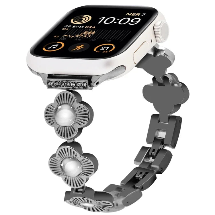Four Leaf Clover Quick-Release Metal Chain Watch Band, For Apple Watch SE 2023 44mm, For Apple Watch SE 2023 40mm, For Apple Watch Ultra 2 49mm, For Apple Watch Series 9 45mm, For Apple Watch Series 9 41mm, For Apple Watch Ultra 49mm                   ...