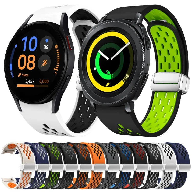 Two Color Magnetic Folding Silver Buckle Silicone Watch Band, For Samsung Galaxy Watch 3 41mm, For Samsung Galaxy Watch Active, For Samsung Galaxy Watch 42mm, For Samsung Gear S2 Classic