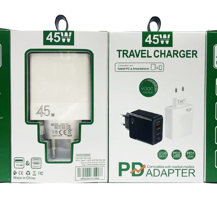 45W PD3.0 / PPS Type-C + QC3.0 USB Fully Compatible Protocol Charger, EU Plug, PD3.0 / PPS Type-C + QC3.0 USB(EU Plug)