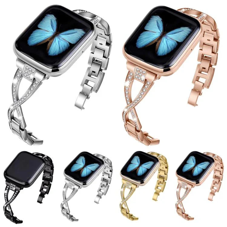 Crossed Diamond Zinc Alloy Watch Band, For Apple Watch 46mm / 49mm / 45mm / 44mm, For Apple Watch 42mm / 41mm / 40mm / 38mm
