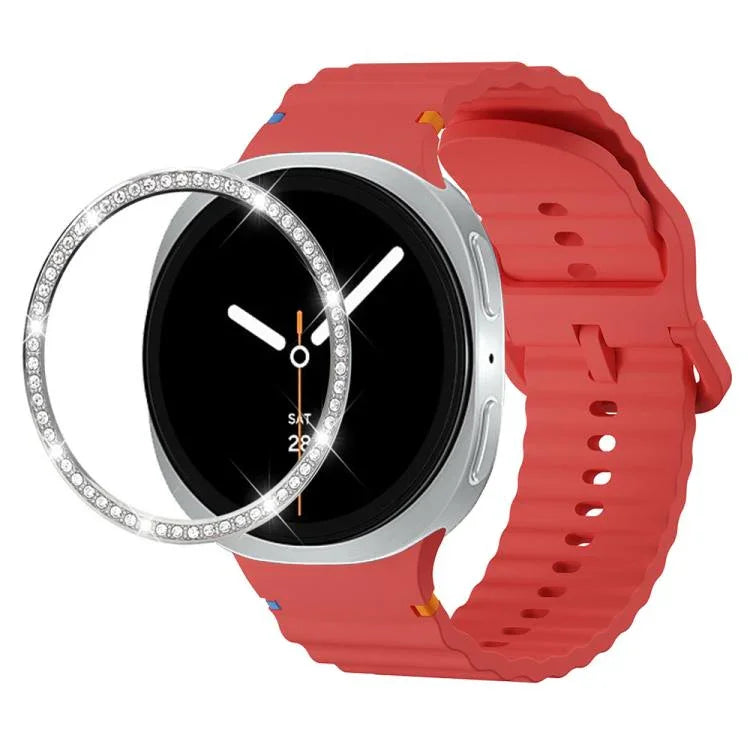 Diamond Bezel and Wavy Grain Stitched Color Buckle Silicone Watch Band, For Samsung Galaxy Watch8 44mm, For Samsung Galaxy Watch8 40mm