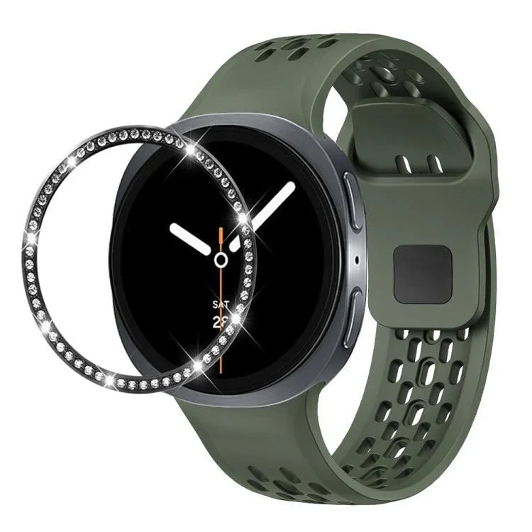 Diamond Bezel and Black Reverse Buckle Silicone Watch Band, For Samsung Galaxy Watch8 44mm, For Samsung Galaxy Watch8 40mm