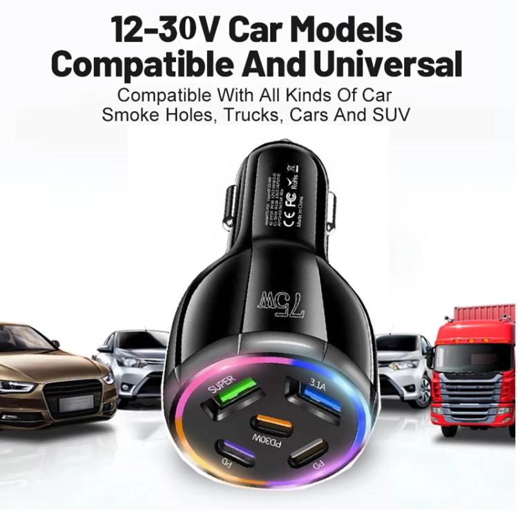 TE-P51 75W USB-C x 3 + USB x 2 Multi Port Car Charger, TE-P51