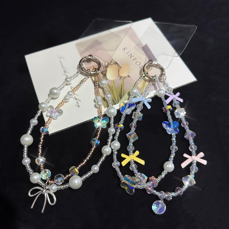 Butterfly Dream Pearl Whisper Iridescent Double-Layer Phone Chain, Crystal Style, Pearl Style