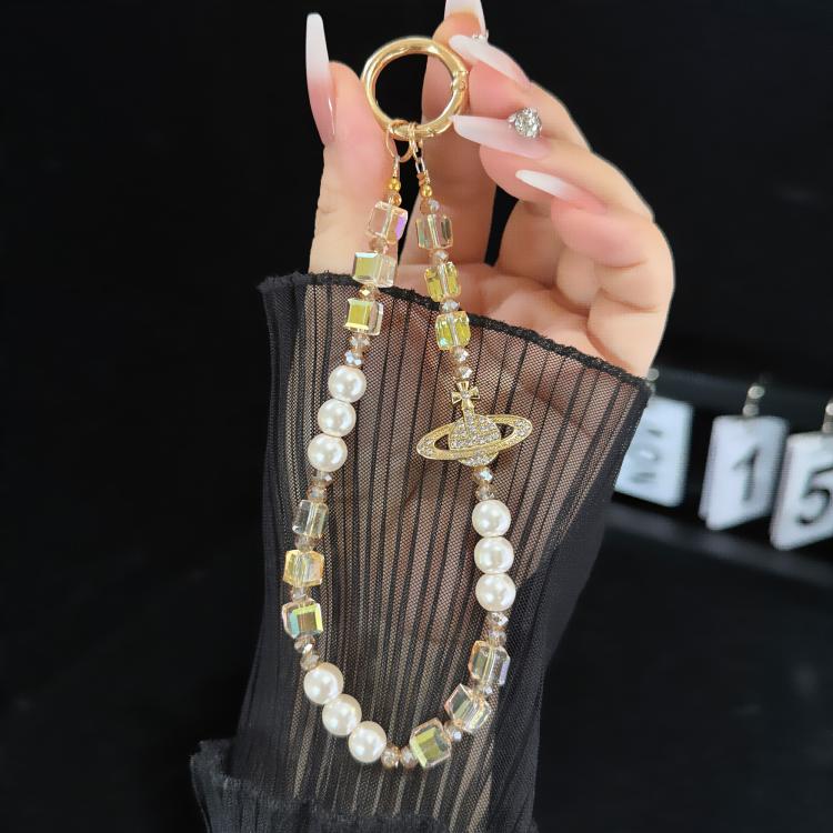 Elegant Retro Saturn Iridescent Cube Phone Chain, Gold, Pink, White, Purple