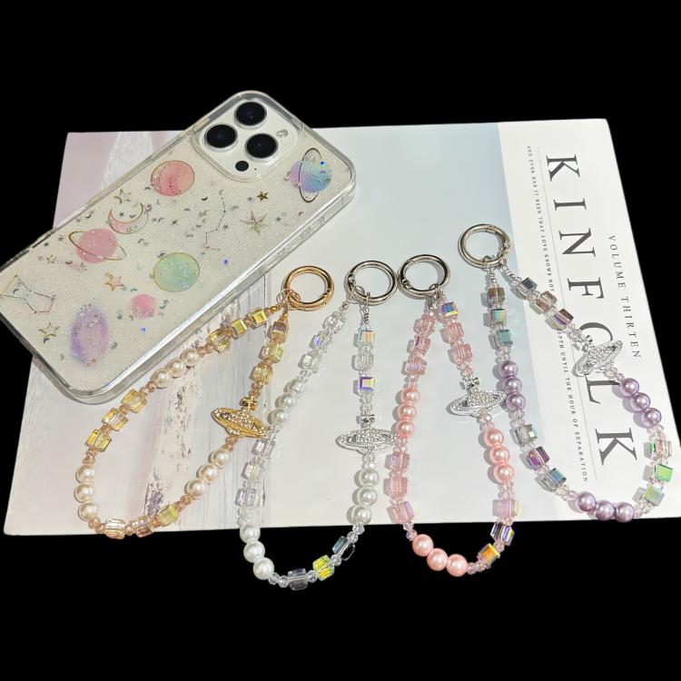 Elegant Retro Saturn Iridescent Cube Phone Chain, Gold, Pink, White, Purple