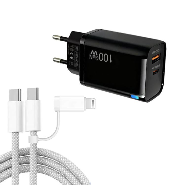 PD47 100W GaN PD Type-C + QC3.0 USB Charger with Type-C to Type-C / 8-Pin Data Cable, EU Plug, EU Plug